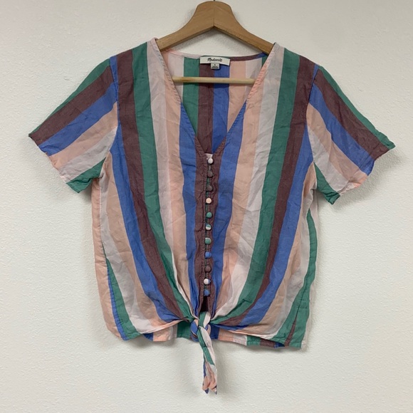 ‼️SOLD‼️Madewell Petite Novel Tie-Front Button Top in Flagstaff Stripe - Picture 4 of 9